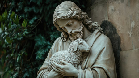 A representation of Jesus Christ as the Good Shepherd, holding a lamb in his arms, symbolizing his care and guidanceの素材