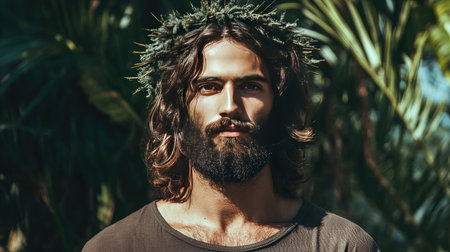 A portrait of Jesus with a halo, symbolizing his divine nature and significance in Christianityの素材