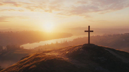 A wooden cross on a hill with a beautiful sunrise behind it, symbolizing Jesus resurrection and victory over deathの素材