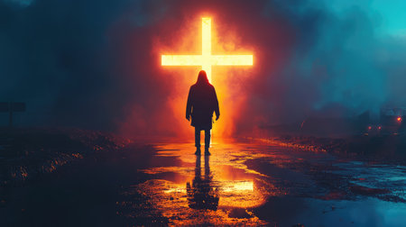 A silhouette of Jesus standing in front of a glowing cross, symbolizing hope and salvation through faithの素材