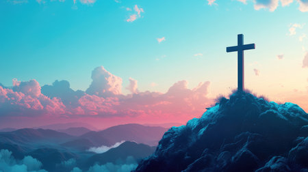 Cross on a mountaintop with a wide horizon, perfect for text about purpose and faithの素材