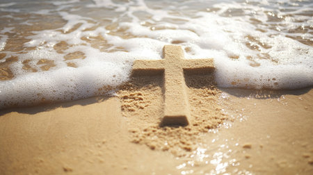 Cross in the sand on a beach with waves, ideal for messages about faith and tranquilityの素材