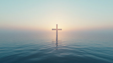 Cross in sunrise glow over a calm sea, ample room for serene and hopeful textの素材