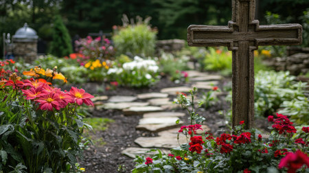 Cross in the foreground of a beautiful garden, with space for messages about growthの素材