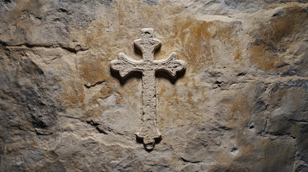 Cross etched on an ancient stone wall, with room for text on heritage and spiritualityの素材