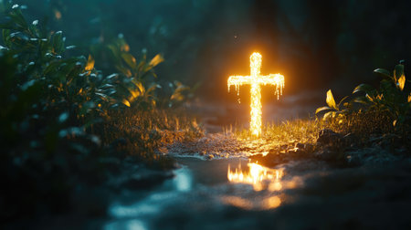 Cross illuminated with candlelight, ideal for reverent and peaceful message placementの素材