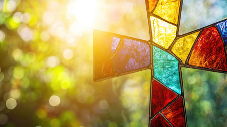 Cross in stained glass with soft morning light, creating a reverent space for messageの素材
