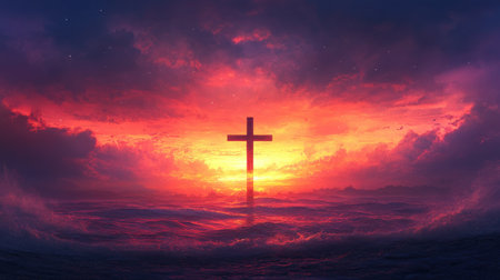 Cross against a colorful sunrise, providing space for inspiring or reflective messagesの素材