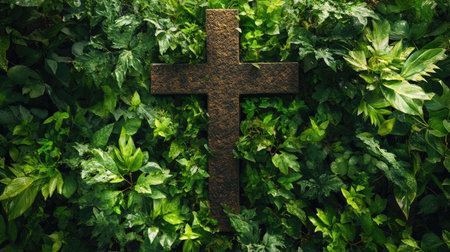 Cross surrounded by lush greenery, with room for text related to life and renewalの素材