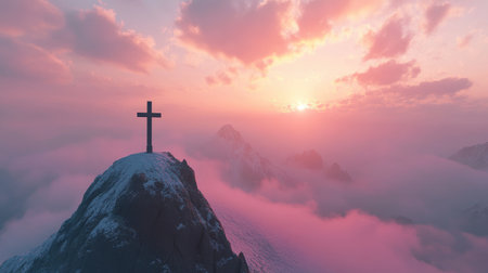 Cross on a misty mountain at dawn, ideal for spiritual text placement and reflectionの素材