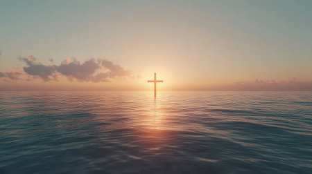 Cross in sunrise glow over a calm sea, ample room for serene and hopeful textの素材