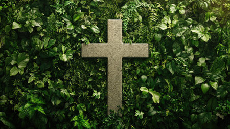 Cross surrounded by lush greenery, with room for text related to life and renewalの素材