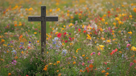 Cross in a field of wildflowers, symbolizing life and hope, with ample room for textの素材