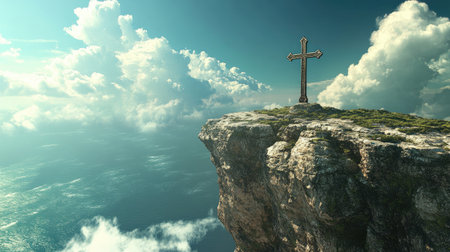 Cross on a cliff edge with vast sky behind, providing space for bold and hopeful copyの素材