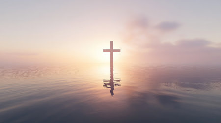 Cross reflected in calm water at sunrise, creating a serene background for peaceful textの素材