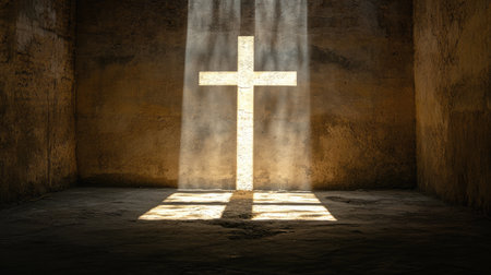 Cross overlaid with soft rays of sunlight, ideal for Easter messages or spiritual quotesの素材