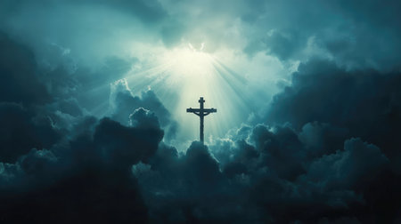 Cross silhouetted in dramatic clouds with rays shining through, ideal for reflective copyの素材