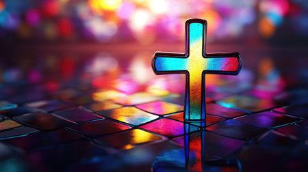 Cross in stained glass window with vibrant colors, with space for inspirational textの素材