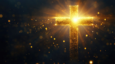 Abstract cross with golden light rays on a dark background, perfect for powerful copyの素材
