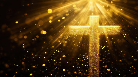 Abstract cross with golden light rays on a dark background, perfect for powerful copyの素材