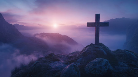 Cross on a misty mountain at dawn, ideal for spiritual text placement and reflectionの素材