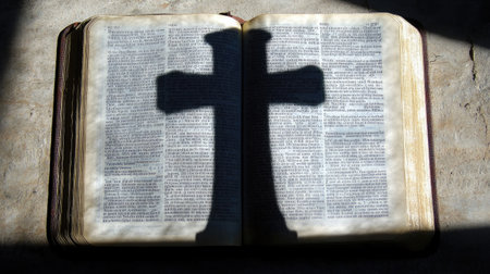 Cross-shaped shadow on an open Bible, space for inspirational quotes or reflectionsの素材