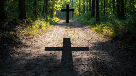 Cross shadow cast on a path, perfect for text about guidance and faith in life journeyの素材