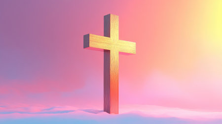 Simple wooden cross on a vibrant sunset gradient, ideal for reflective or devotional messagesの素材