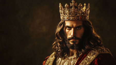 Jesus Christ depicted as the King of Kings, with a crown and a regal presence, symbolizing his divine authorityの素材