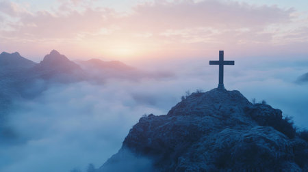 Cross on a misty mountain at dawn, ideal for spiritual text placement and reflectionの素材