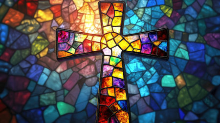 Cross in stained glass window with vibrant colors, with space for inspirational textの素材