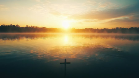 Cross reflected in calm water at sunrise, creating a serene background for peaceful textの素材