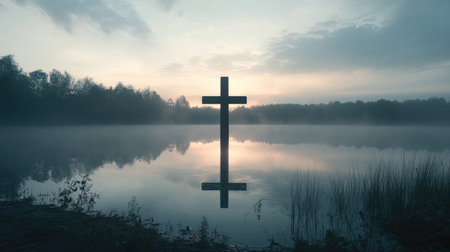 Cross over a misty lake at dawn, creating a peaceful space for reflective messagesの素材