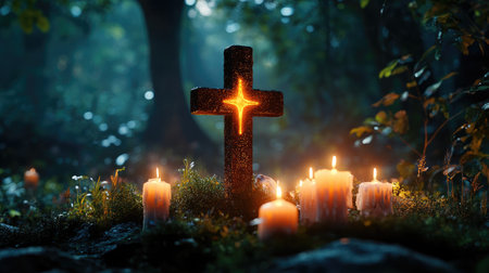 Cross illuminated with candlelight, ideal for reverent and peaceful message placementの素材