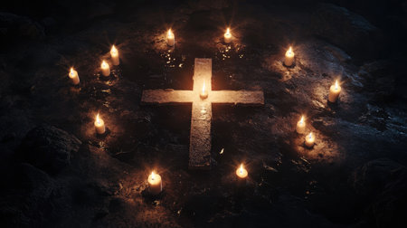 Cross surrounded by candles on a dark background, creating a reverent space for textの素材