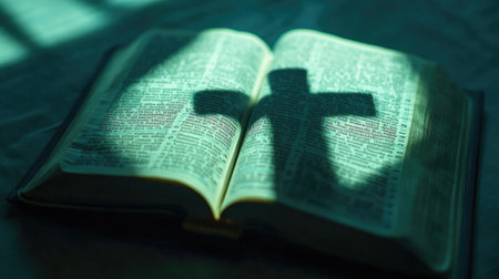Cross-shaped shadow on an open Bible, space for inspirational quotes or reflectionsの素材