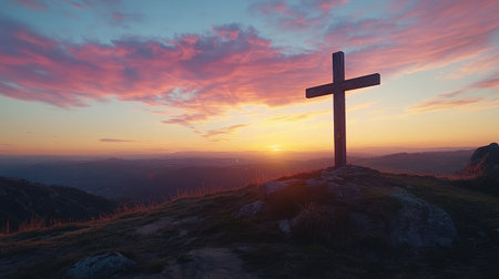 Rustic wooden cross on a hilltop with a vibrant sunset in the background, room for inspirational textの素材