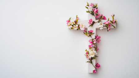 Cross with floral decoration on a white background, perfect for copy focused on faith and renewalの素材