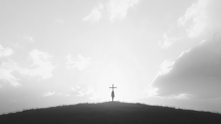 Cross silhouette against a soft sky, with ample space for copy on either side, conveying peace and hopeの素材