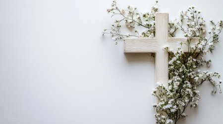 Cross with floral decoration on a white background, perfect for copy focused on faith and renewalの素材