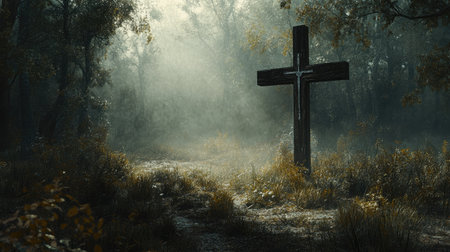 Wooden cross in a misty forest clearing, symbolizing peace and hope, with room for text on the rightの素材