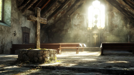 Rustic cross in an old chapel, with space for text about faith and timeless beautyの素材