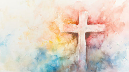 Cross with soft watercolor background, ample space for comforting or encouraging textの素材