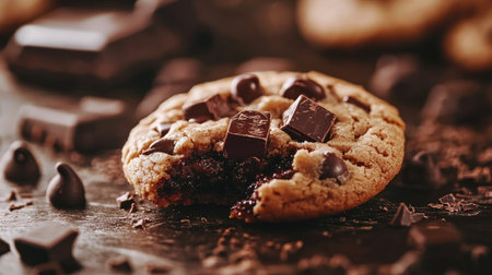 A close-up of a gooey chocolate chip cookie with chunks of chocolate spilling from the middleの素材