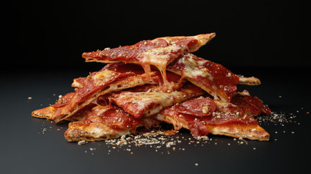 A pile of greasy pizza slices with crispy crust and melted cheese, ideal for junk food cravingsの素材