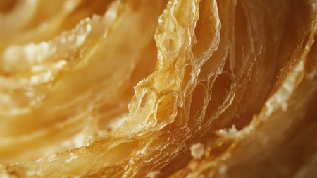 A close-up of a buttery croissant with flaky layers and golden edges, perfect for breakfast or dessertの素材