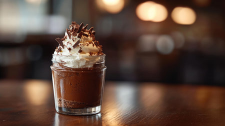 A close-up of a chocolate mousse dessert in a glass jar, topped with whipped cream and chocolate shavingsの素材