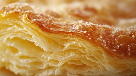 A close-up of a buttery croissant with flaky layers and golden edges, perfect for breakfast or dessertの素材