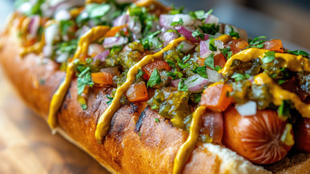 A close-up of a giant hot dog piled high with onions, mustard, and relish, perfect for summer picnicsの素材