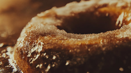 A close-up of a giant cinnamon sugar donut, freshly baked with a sugary glaze on topの素材